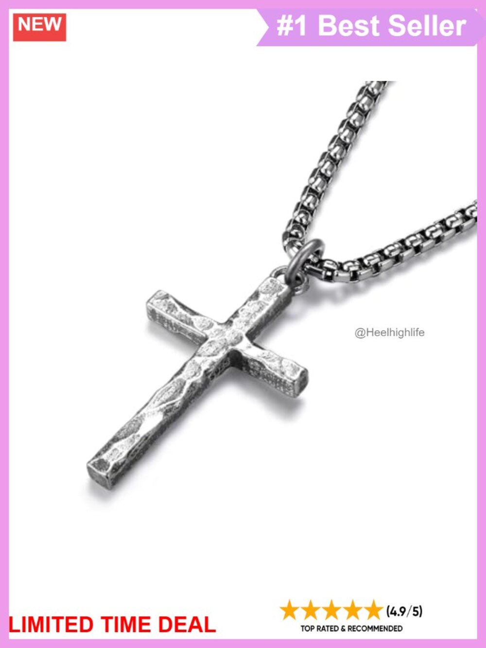925 Sterling Silver Cross Necklace Men Hammered Pendant Stainless Steel Chain